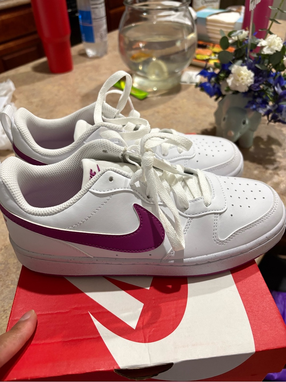 Kids White Sneakers with fuschia Swoosh - Comfortable Lace-Up Shoes